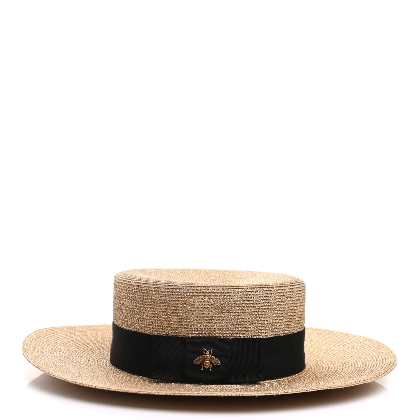 Glittered Straw Grosgrain Wide Brim Hat S Gold Black