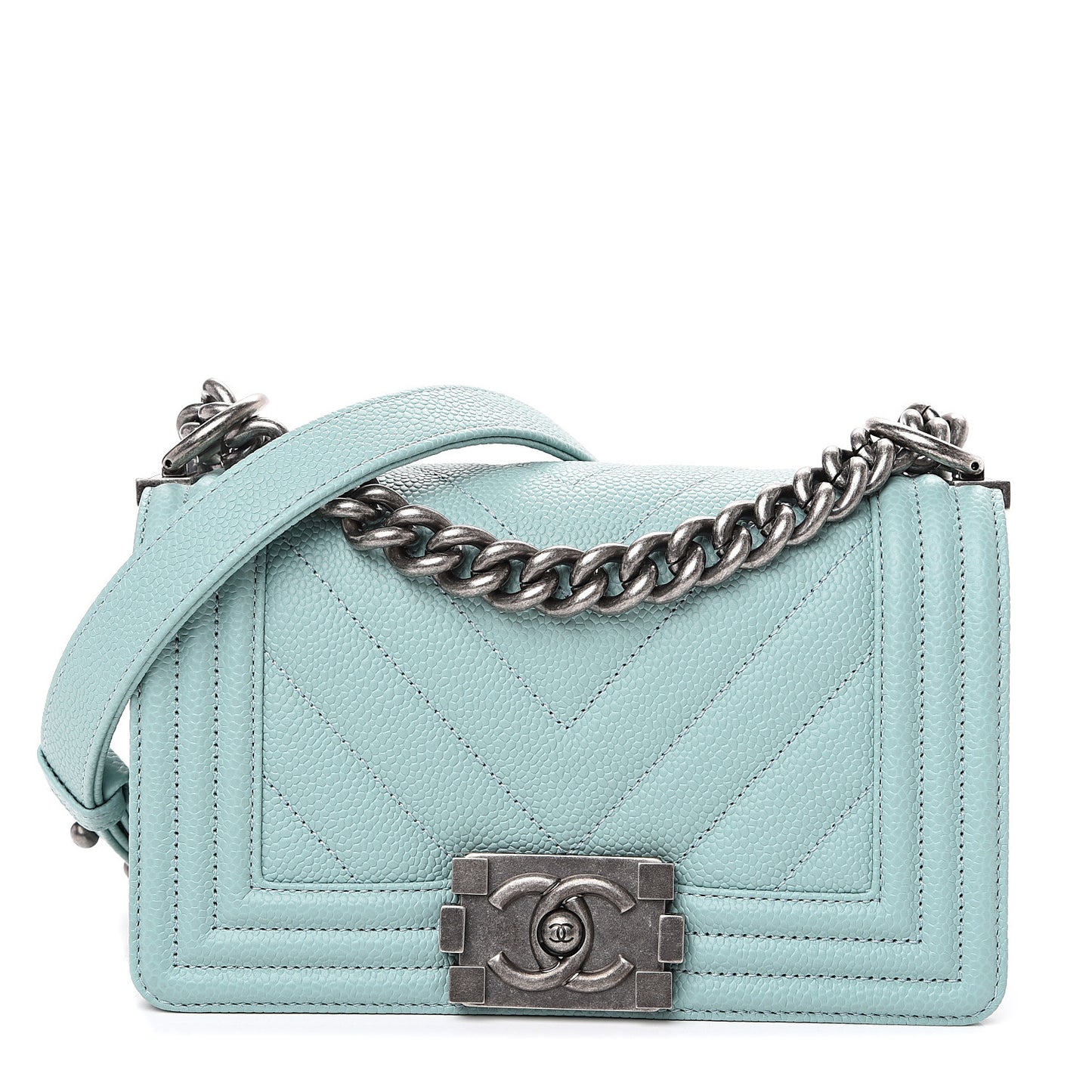Caviar Chevron Quilted Small Boy Flap Light Blue