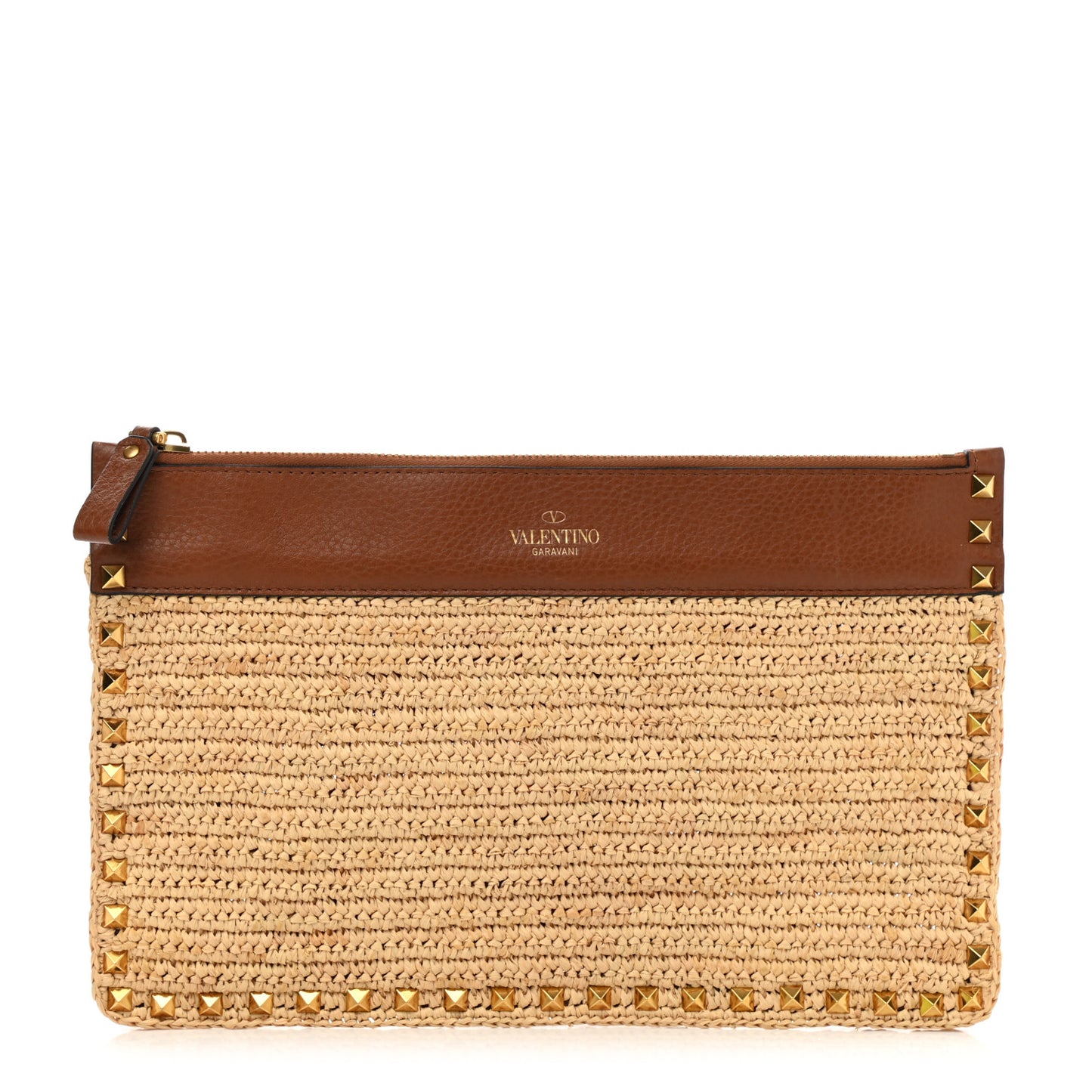 Raffia Calfskin Large Rockstud Zip Pouch Naturale Saddle Brown