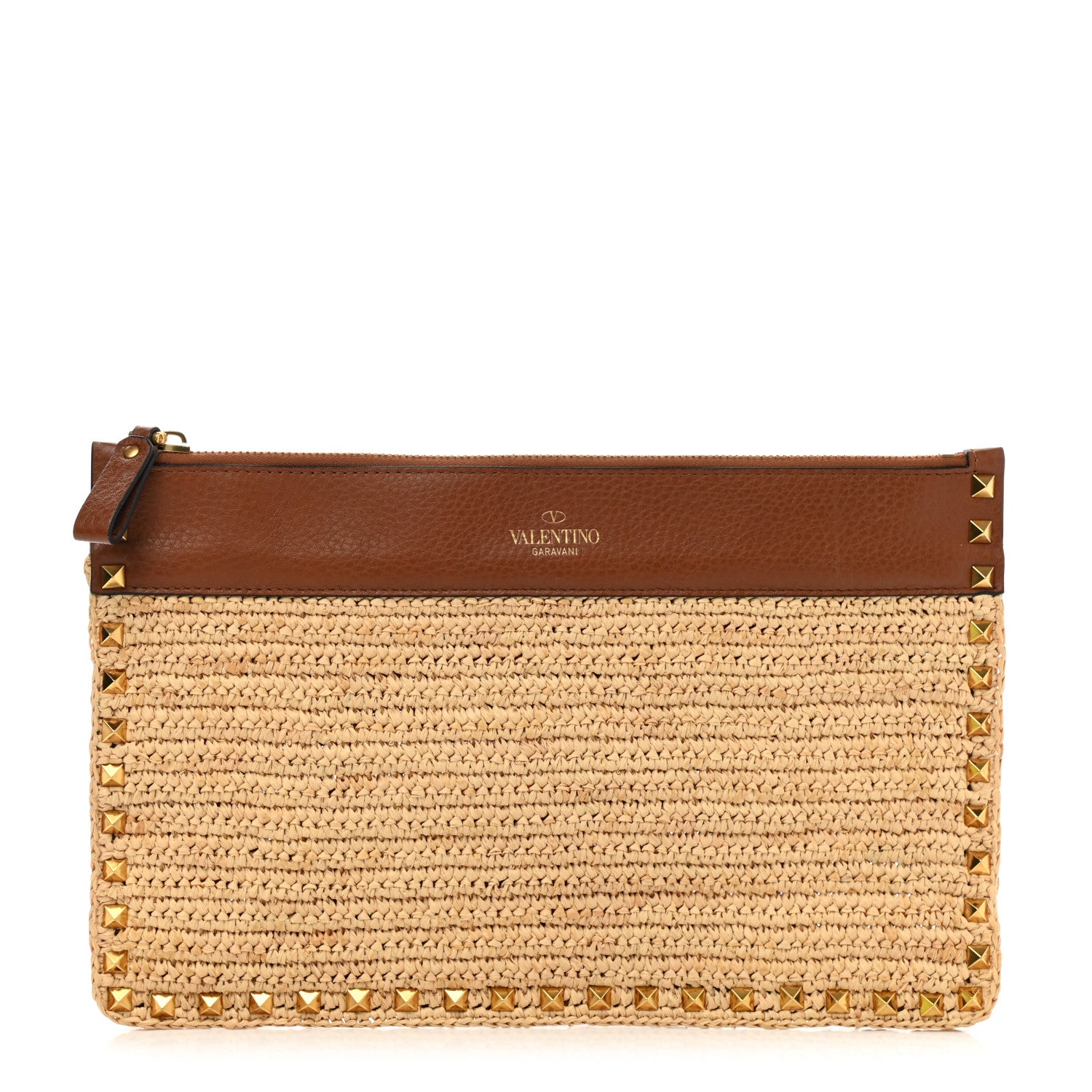 Valentino Garavani Raffia Calfskin Large Rockstud Zip Pouch Naturale Saddle Brown 1 of 6