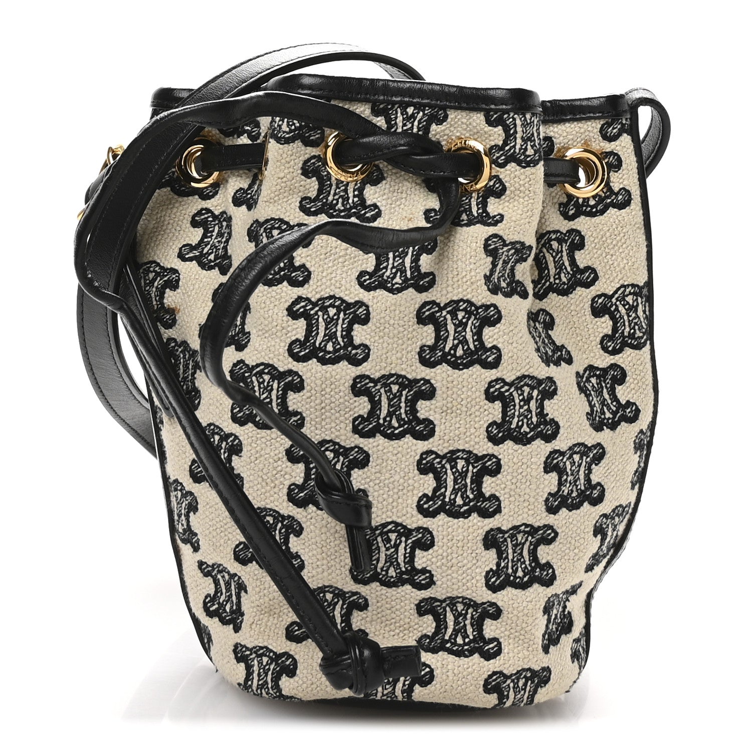Celine Triomphe Canvas Calfskin Micro Drawstring Bucket Bag  White Black 1 of 9