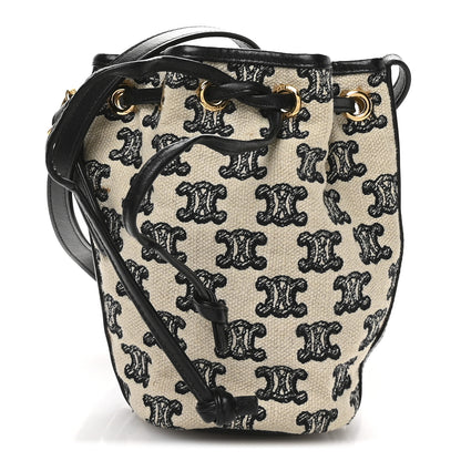 Celine Triomphe Canvas Calfskin Micro Drawstring Bucket Bag  White Black 1 of 9