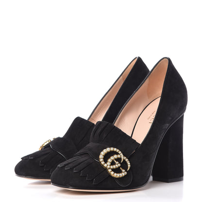 Gucci Kid Scamosciato Pearly GG Marmont Fringe 105mm Loafer Pumps 36.5 Black 3 of 9