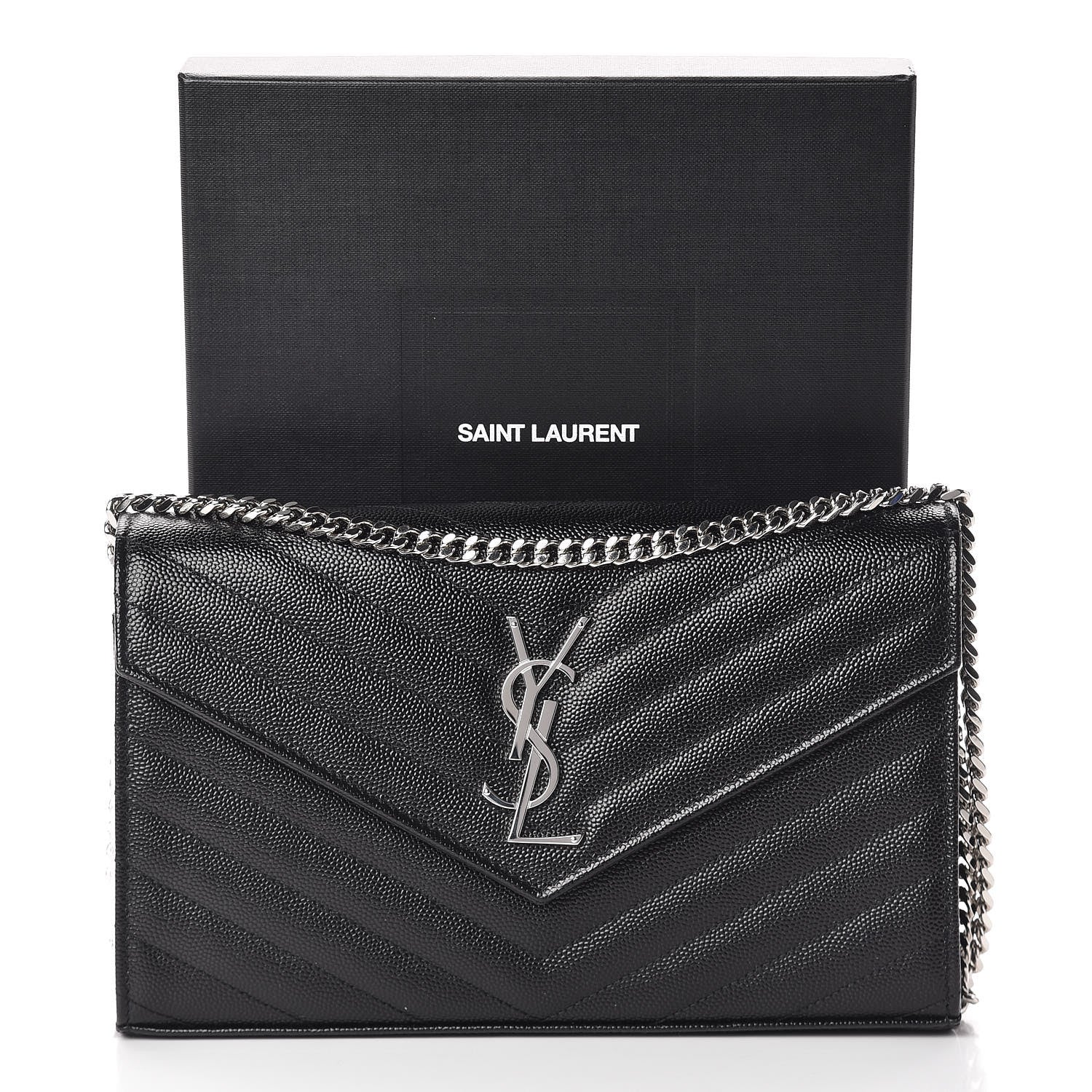 Saint Laurent Grain De Poudre Matelasse Chevron Monogram Chain Wallet Black 10 of 10