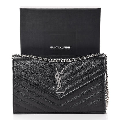 Saint Laurent Grain De Poudre Matelasse Chevron Monogram Chain Wallet Black 10 of 10