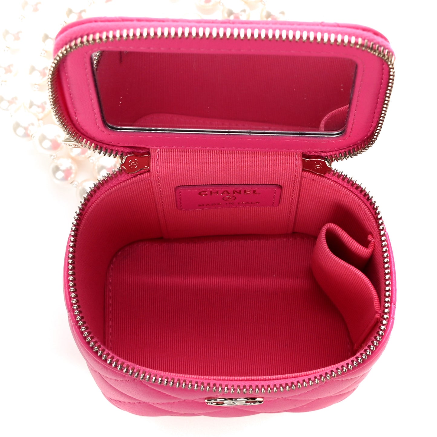 Lambskin Quilted Mini Vanity Case With Pearl Chain Pink