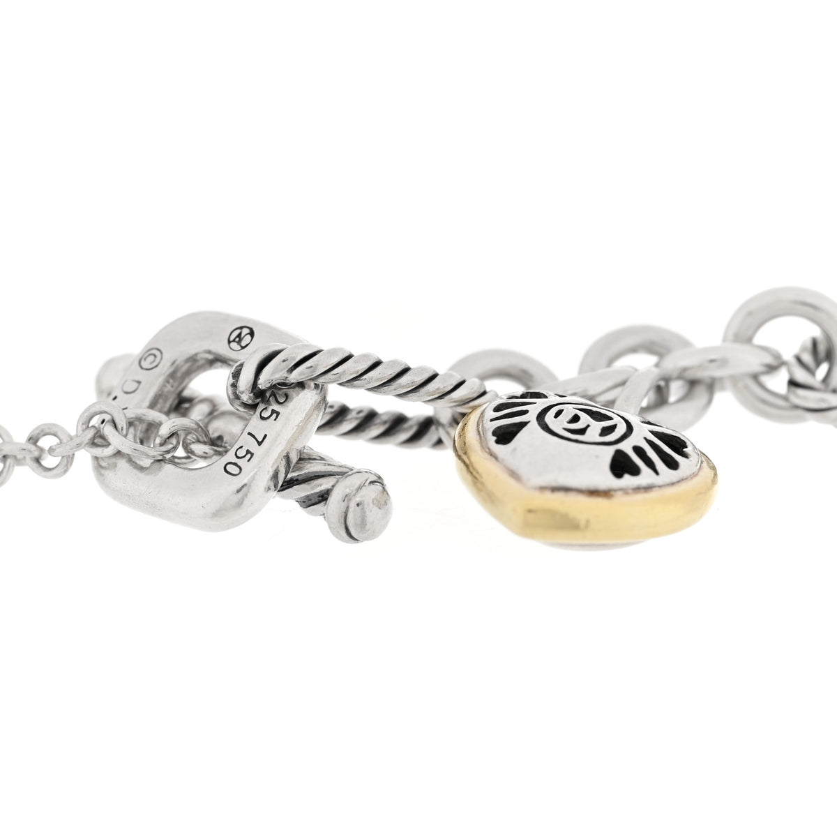 Sterling Silver 18k Yellow Gold Cable Heart Charm Bracelet