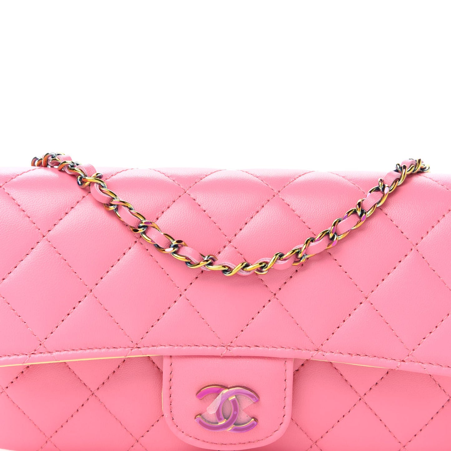 Lambskin Quilted Glasses Case With Chain Pink Yellow