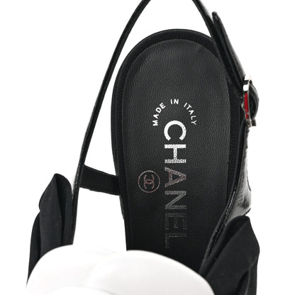 Chanel Crumpled Shiny Fabric Grosgrain Cap Toe Camellia Bow Slingback Pumps 39 Black 7 of 8
