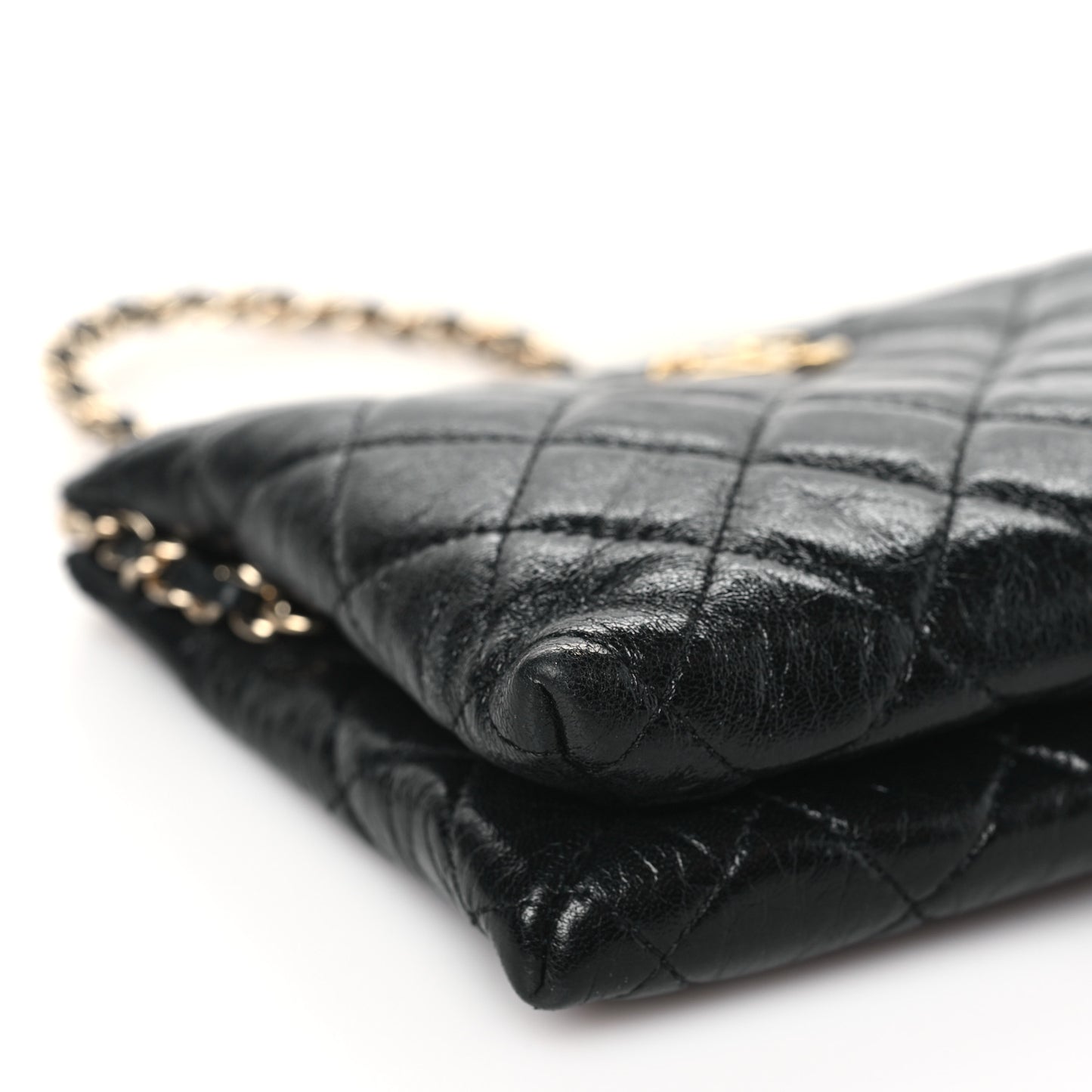 Shiny Crumpled Calfskin Quilted Clutch Bag Black