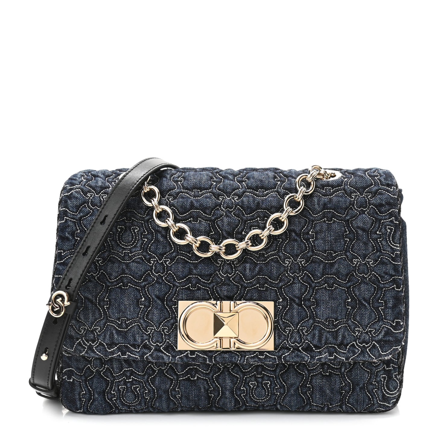 Denim Quilted Gancini Small Flap Bag Blue