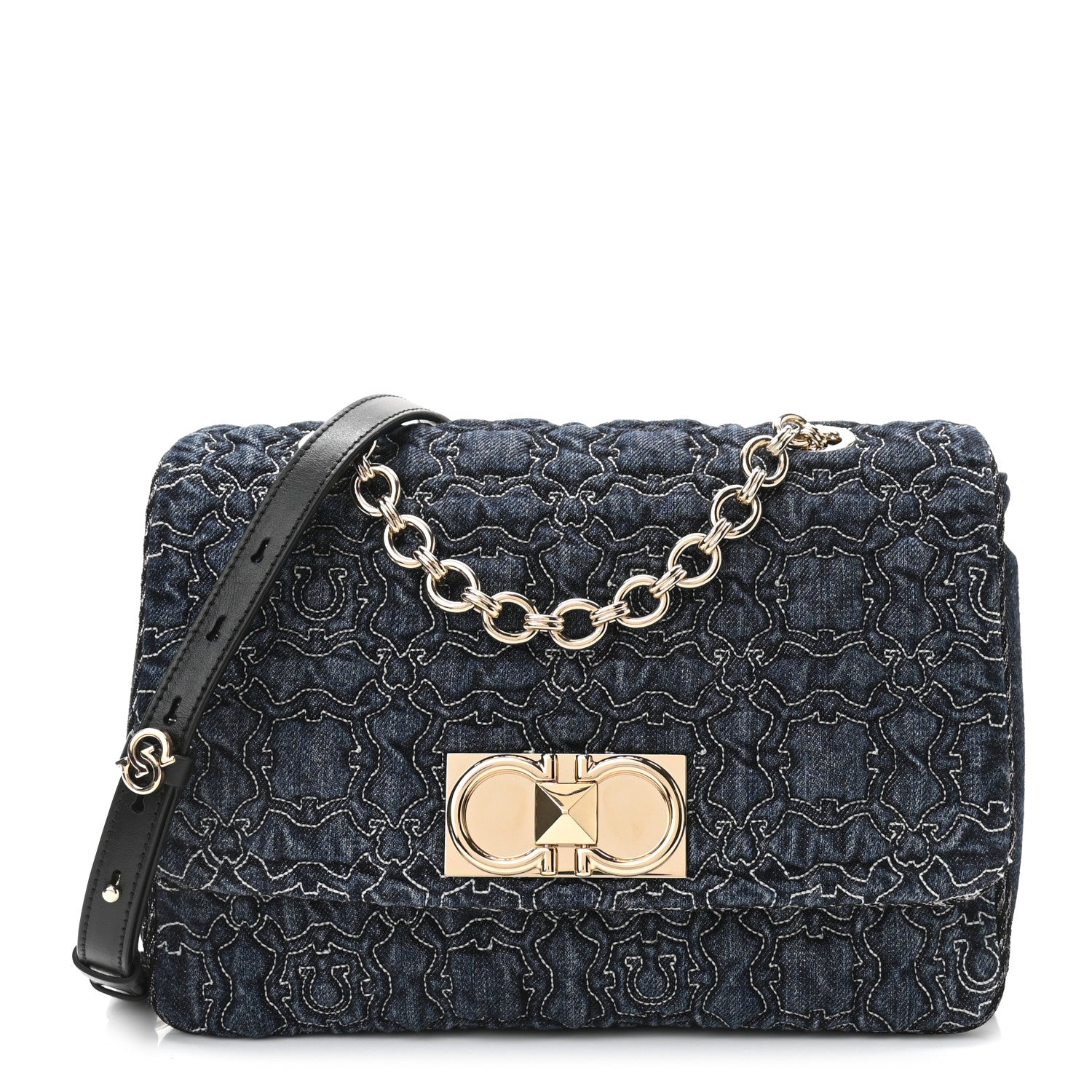 Salvatore Ferragamo Denim Quilted Gancini Small Flap Bag Blue 1 of 9