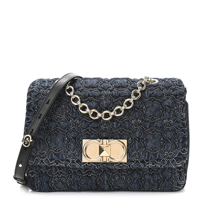 Salvatore Ferragamo Denim Quilted Gancini Small Flap Bag Blue 1 of 9