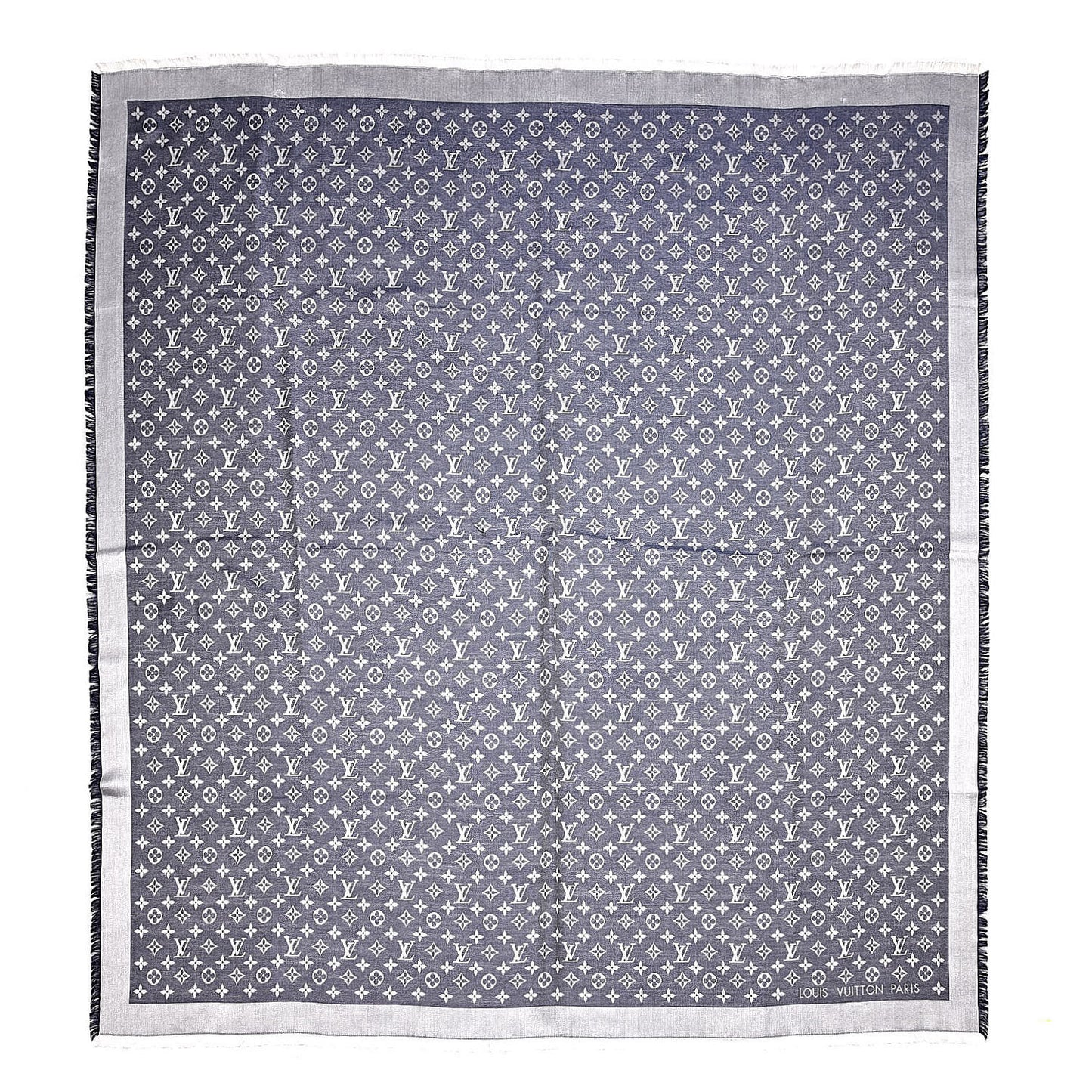 Wool Silk Monogram Denim Shawl Blue