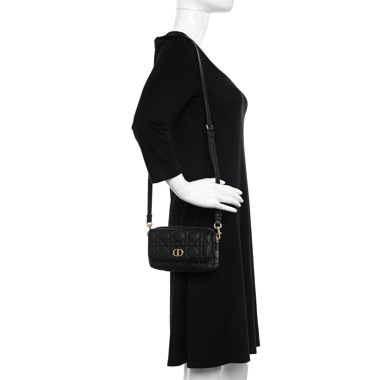 Supple Calfskin Cannage Caro Pouch with Chain Black