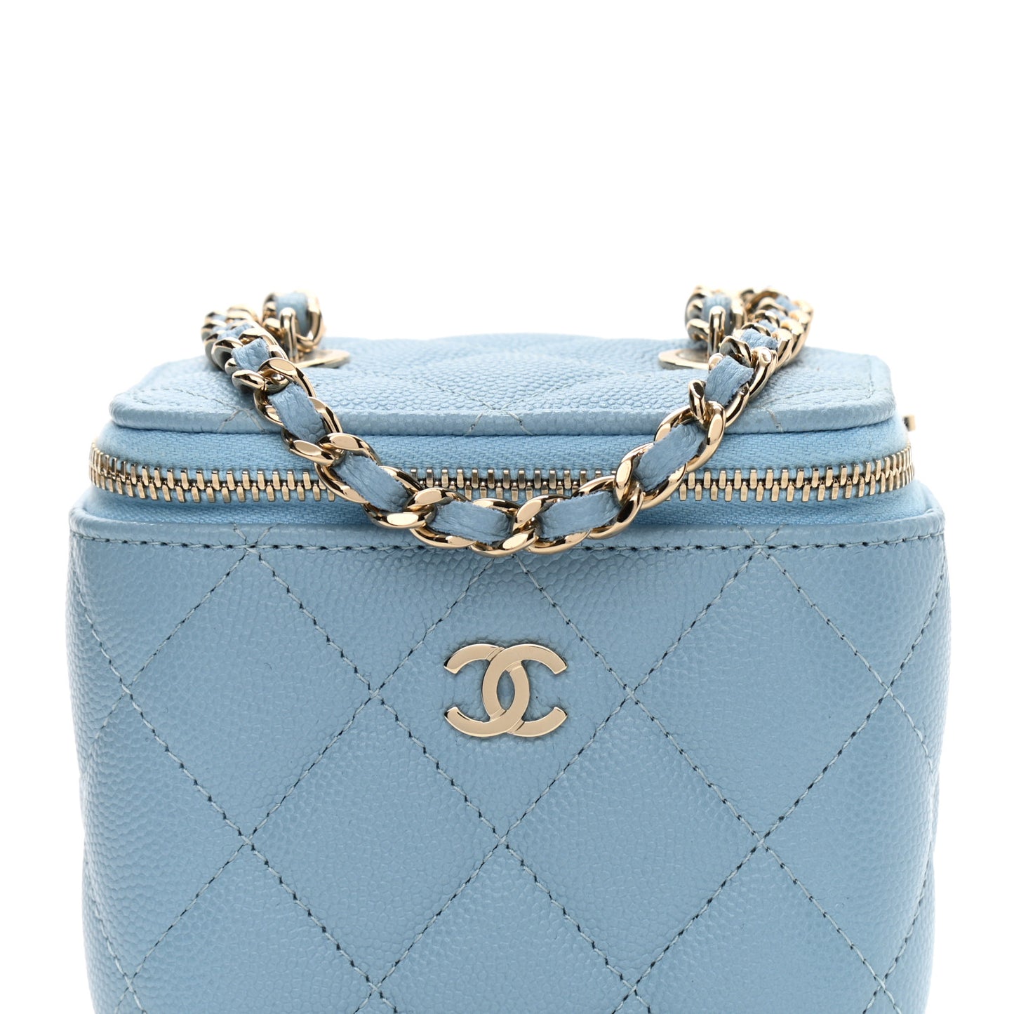 Caviar Quilted Mini Vanity Case With Chain Light Blue