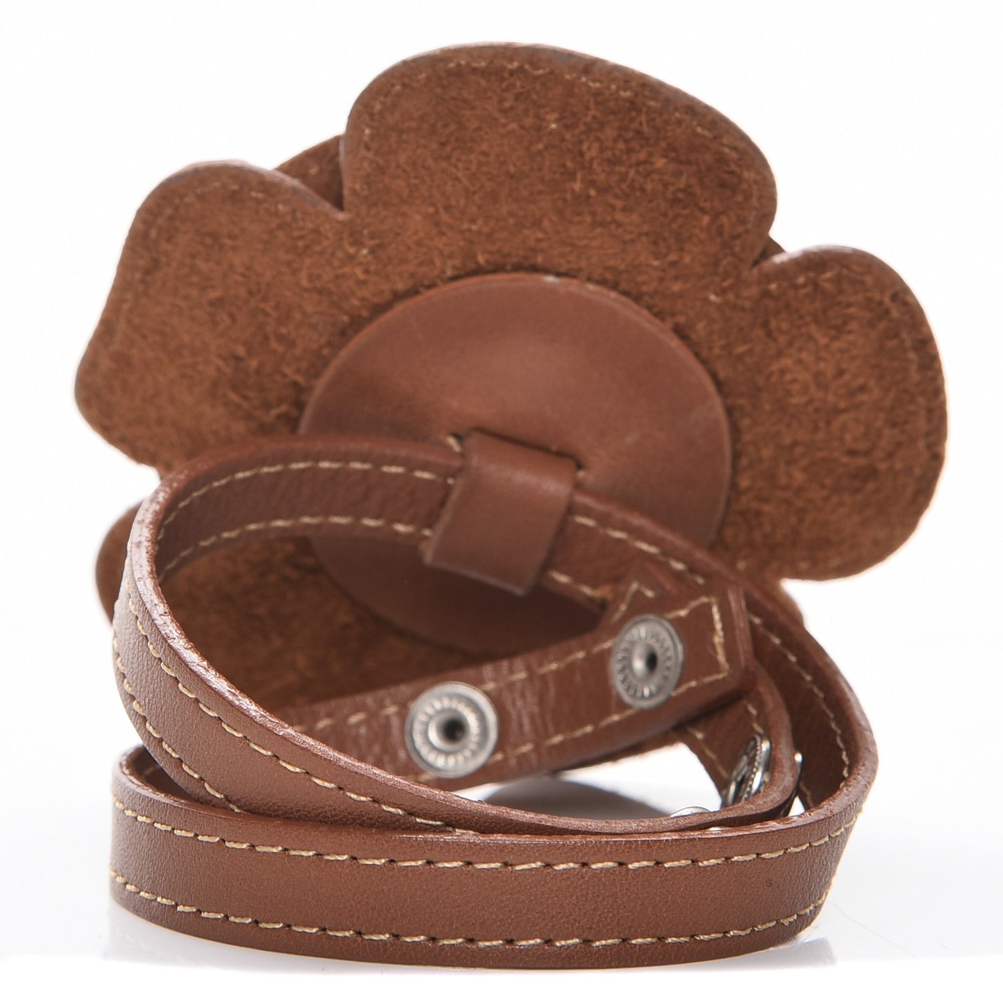 Calfskin Crystal Camellia Double Wrap Bracelet Brown