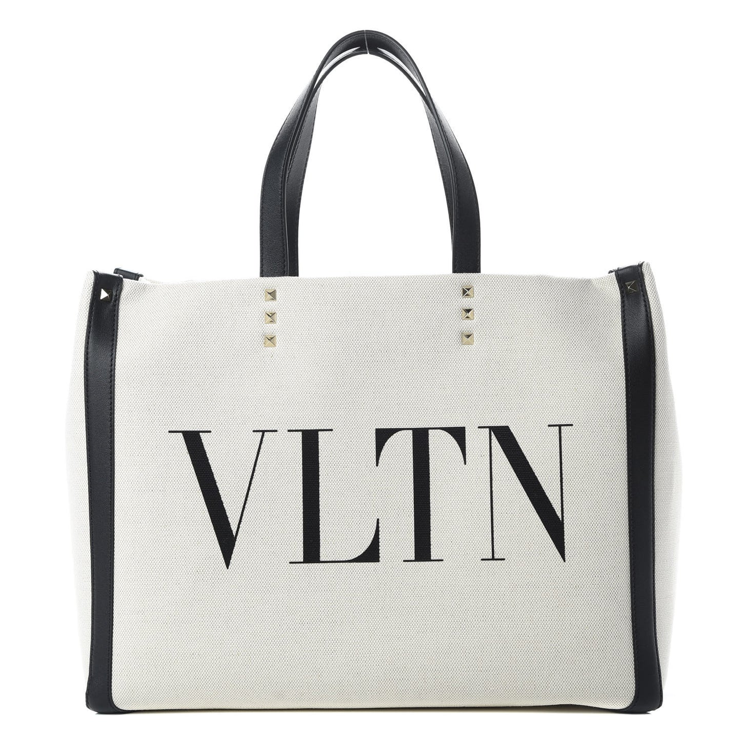 Canvas Calfskin VLTN Print Small Rockstud Tote Naturale Black