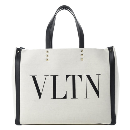 Valentino Garavani Canvas Calfskin VLTN Print Small Rockstud Tote Naturale Black 1 of 9