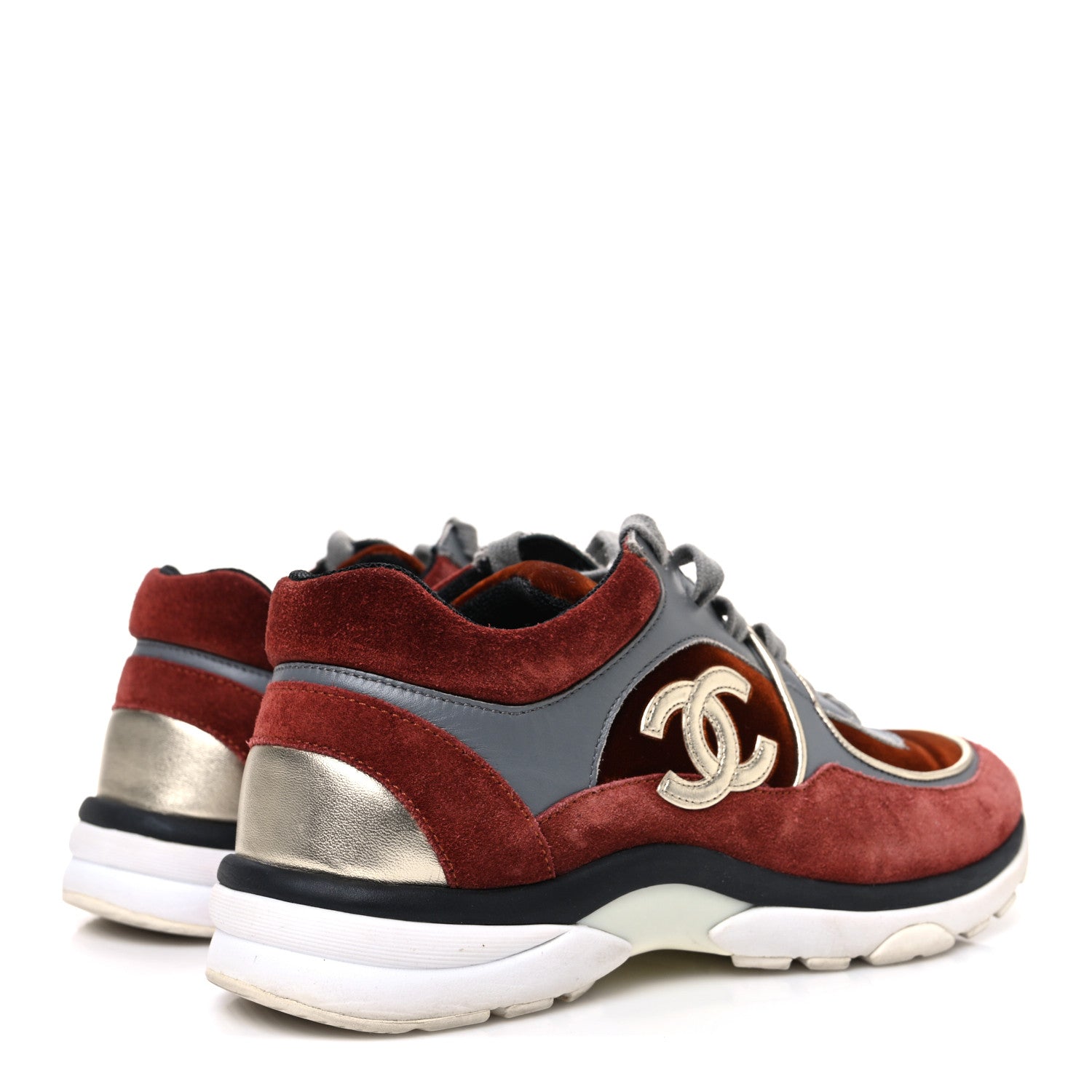 Chanel Suede Velvet Lambskin CC Sneakers 36 Burgundy Grey 5 of 9