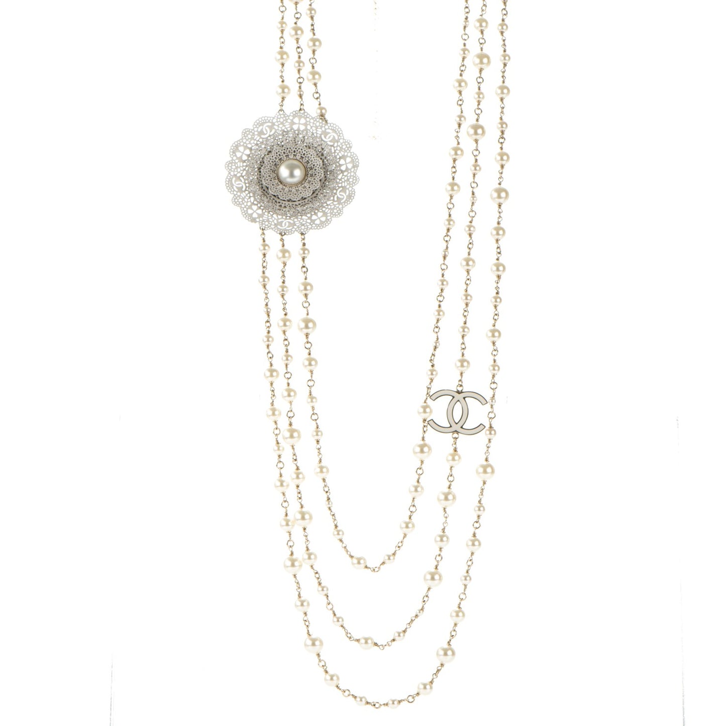 Pearl CC Triple Strand Long Necklace Gold Pearly White