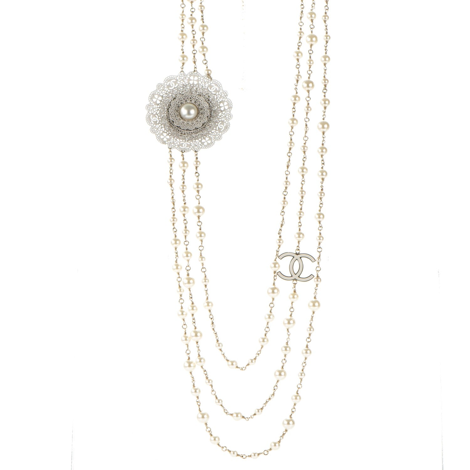Chanel Pearl CC Triple Strand Long Necklace Gold Pearly White 1 of 6