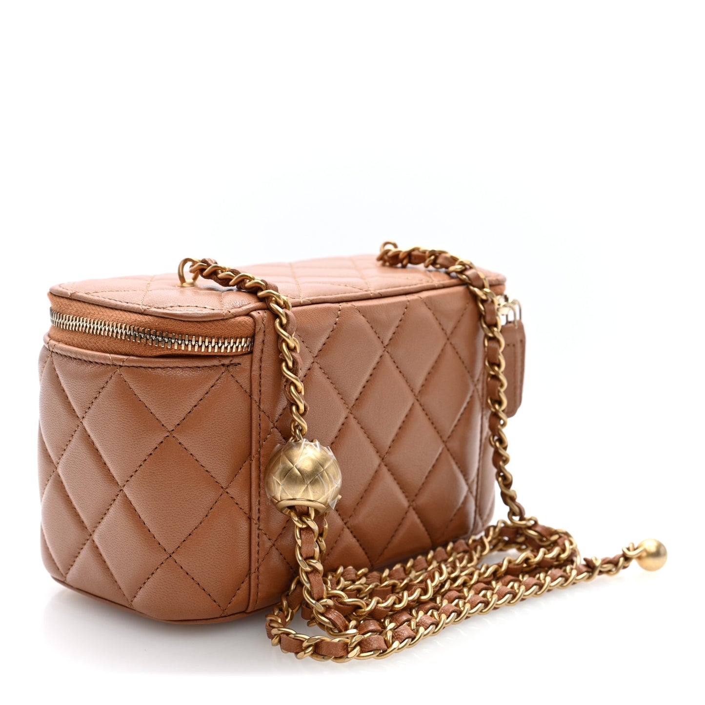 Lambskin Quilted Pearl Crush Small Vanity Case With Chain Beige