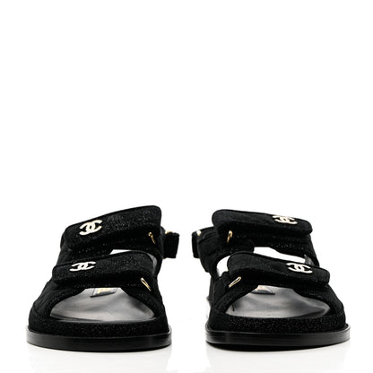 Chanel Suede Calfskin Glitter Crystal Velcro Dad Sandals 35 Black 2 of 10