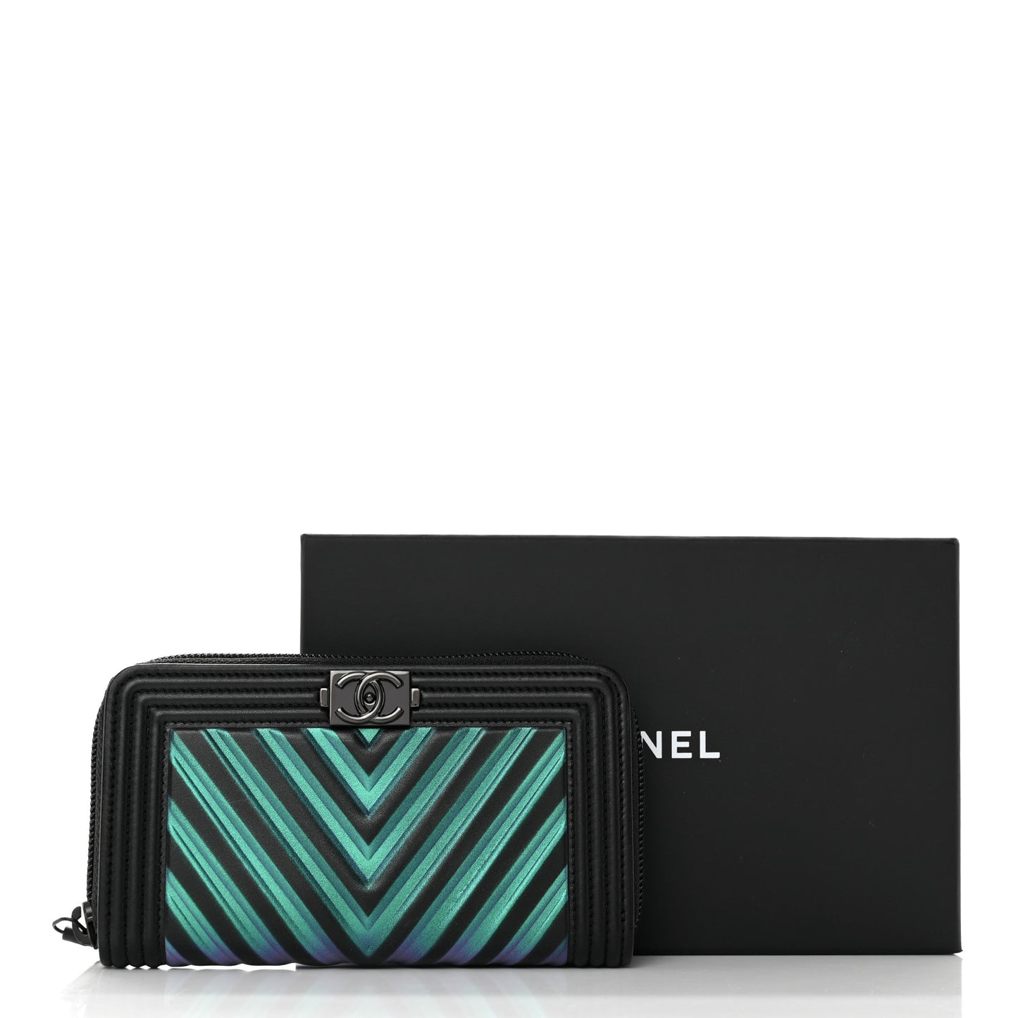Calfskin Painted Chevron Embossed Small Boy Zip Wallet Black