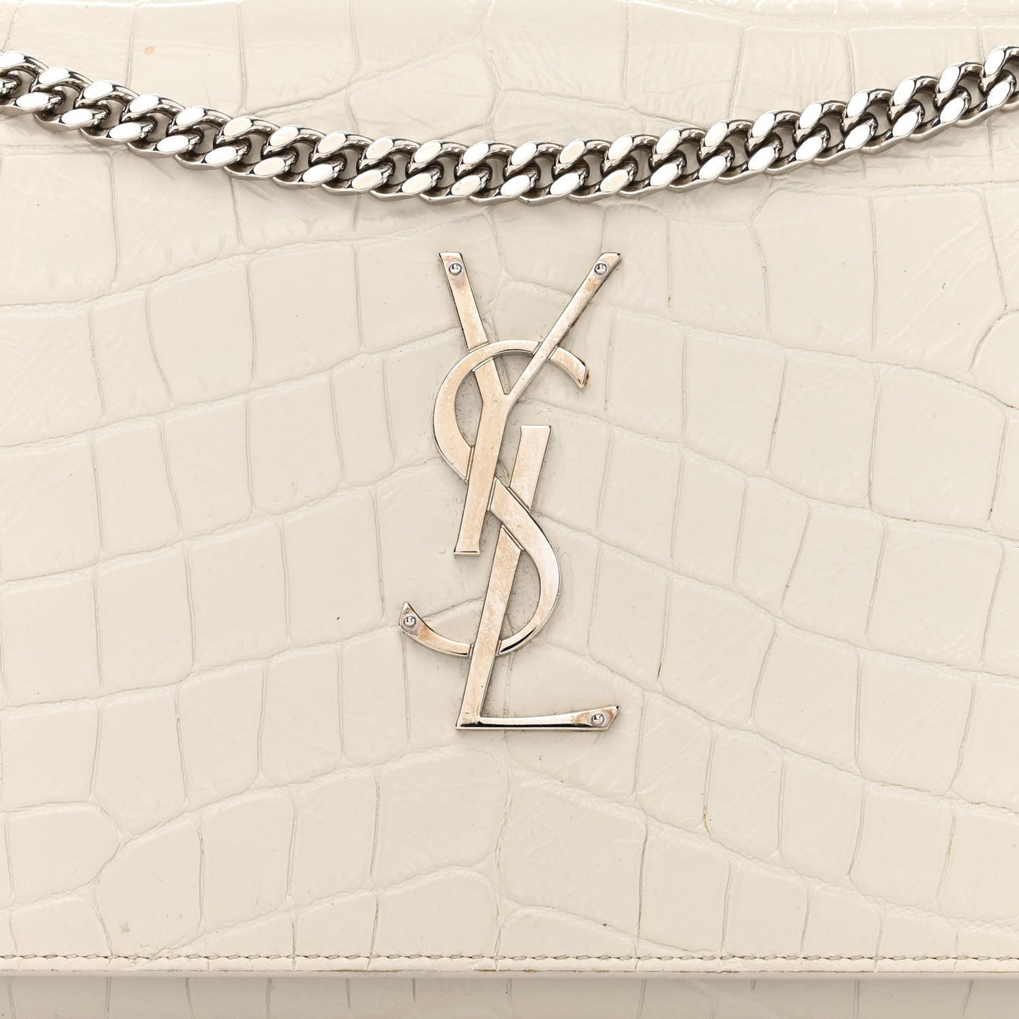 Calfskin Crocodile Embossed Monogram Chain Wallet Blanc Vintage