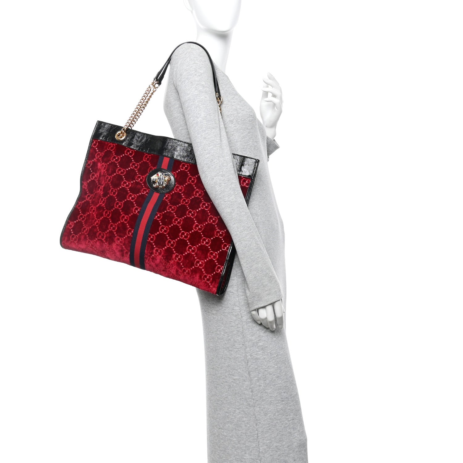 Gucci Velvet GG Monogram Large Rajah Chain Tote Red Cipria Black 2 of 14