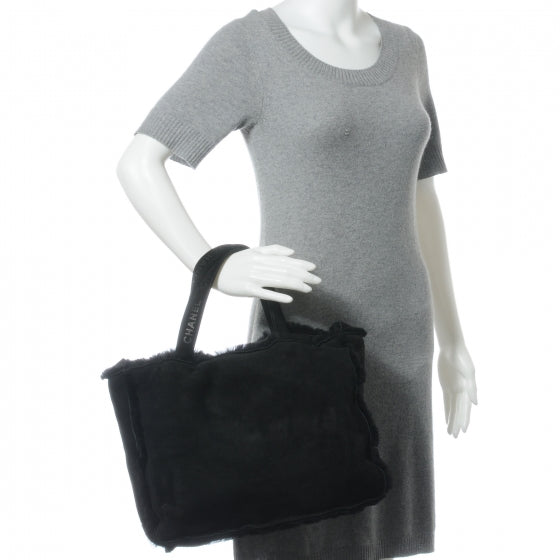 Chanel Suede Shearling Fur Handbag Black 2 of 7