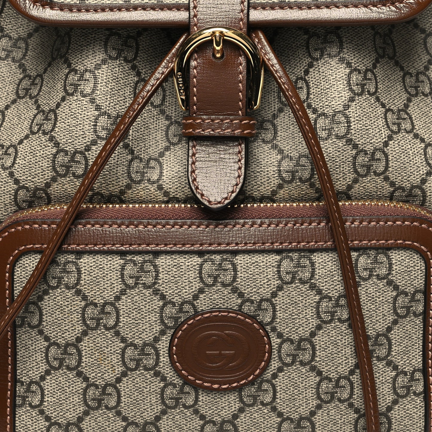 GG Supreme Monogram Azalea Calfskin Retro Interlocking G Buckle Backpack Beige Ebony Brown Sugar