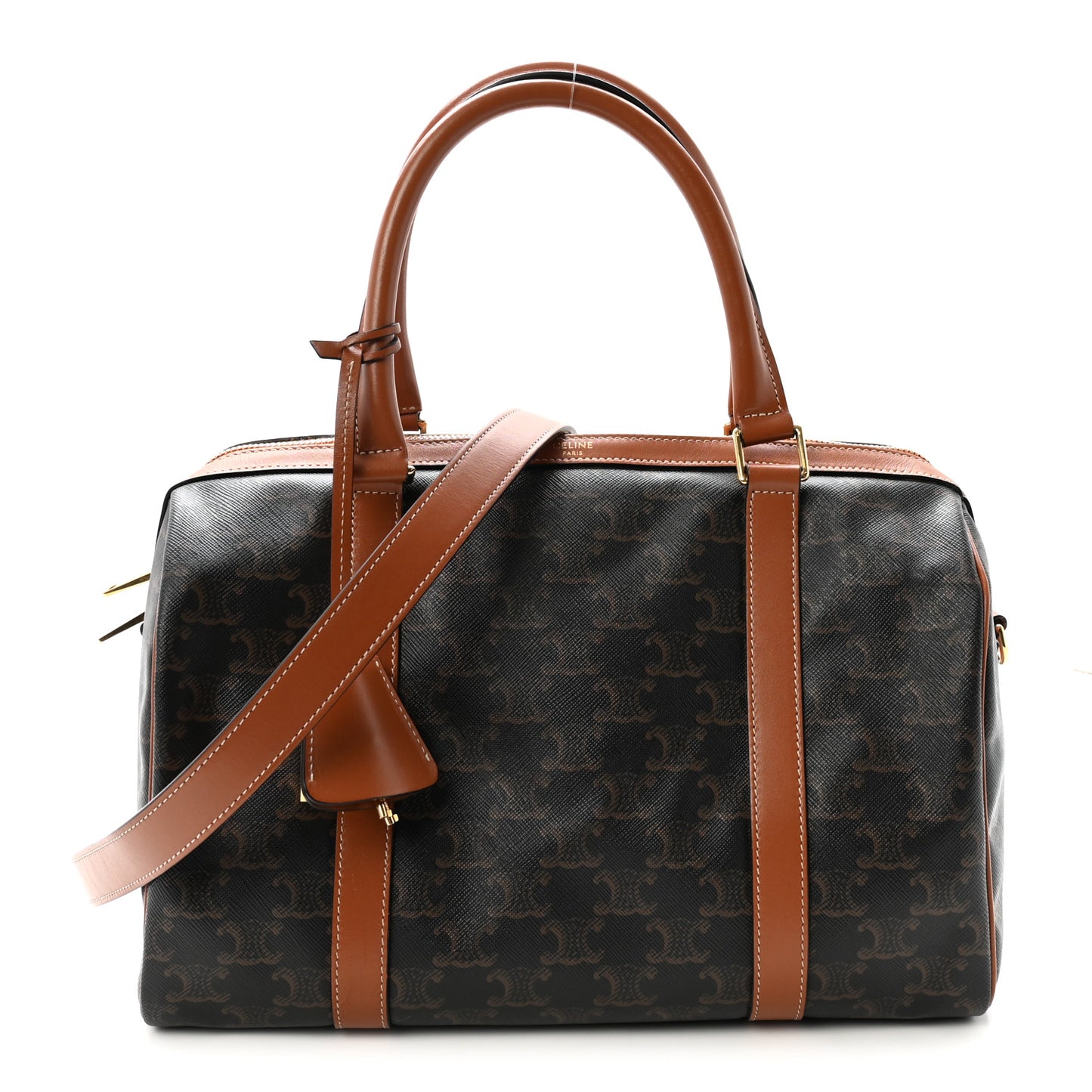 Triomphe Canvas Calfskin Boston Bag Tan