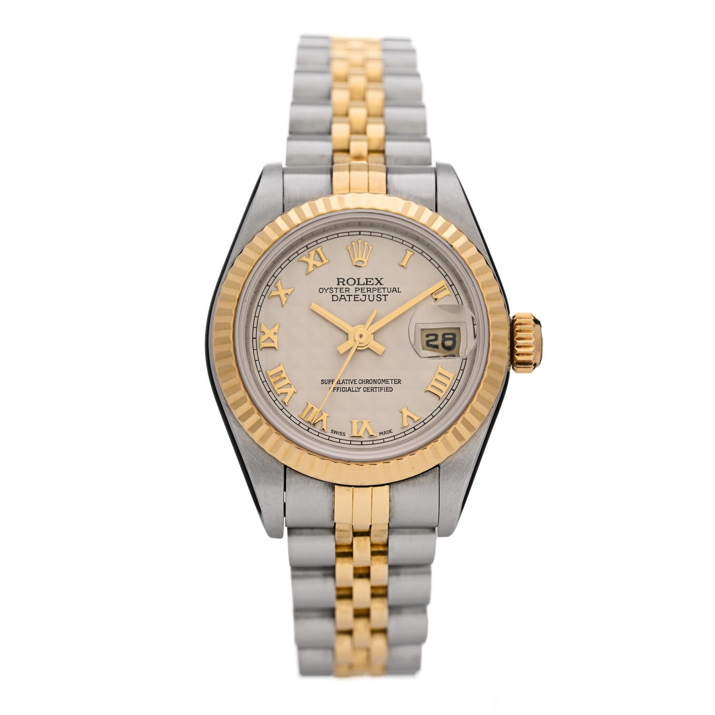 Stainless Steel 18K Yellow Gold 26mm Oyster Perpetual Datejust Watch White Pyramid Roman 79173