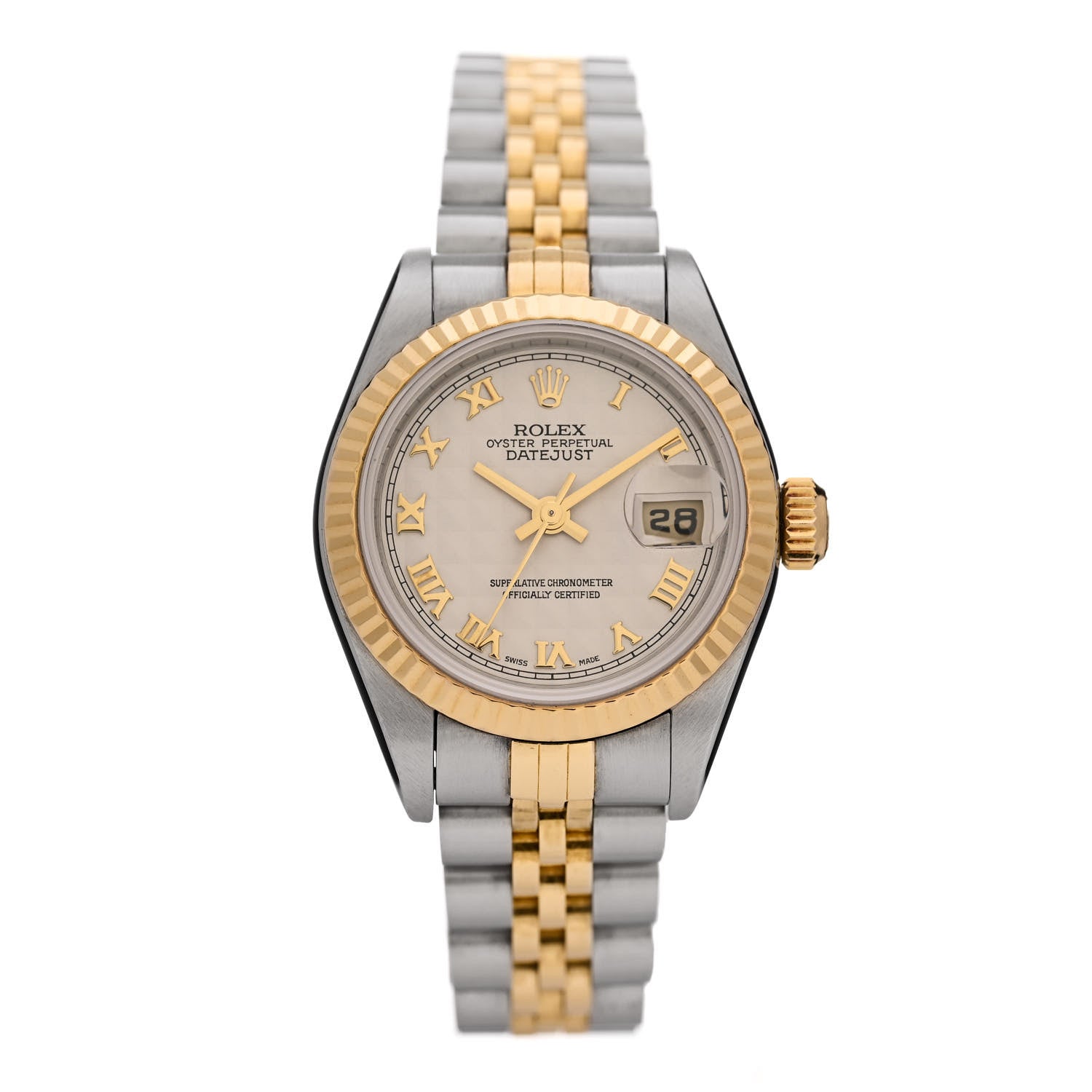 Rolex Stainless Steel 18K Yellow Gold 26mm Oyster Perpetual Datejust Watch White Pyramid Roman 79173 1 of 4