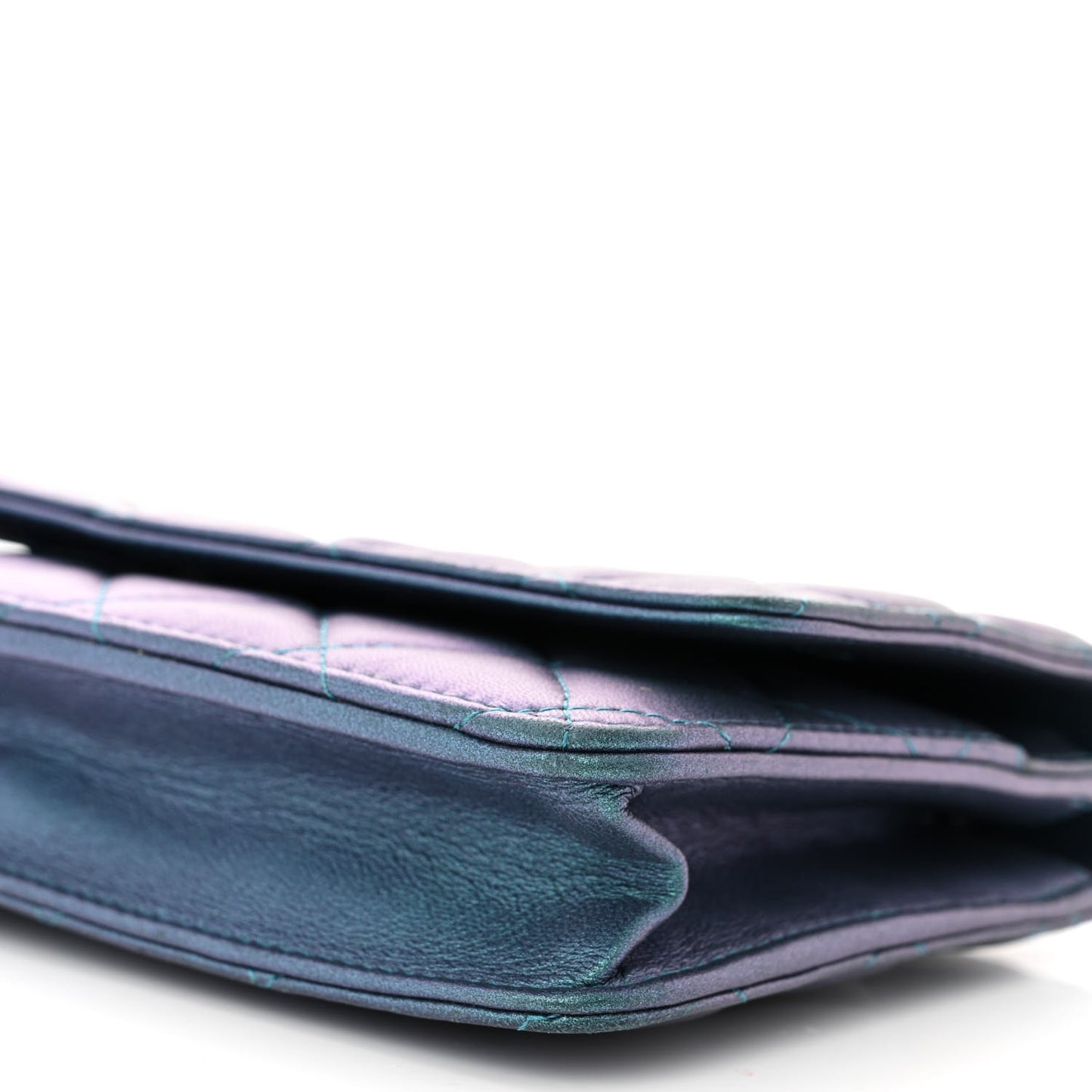 Iridescent Lambskin Quilted Wallet On Chain WOC Turquoise