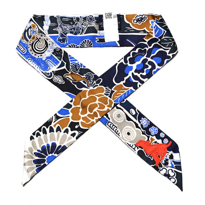Hermes Silk Bingata Sticker Twilly Marine Tabac Bleu Vif 1 of 6