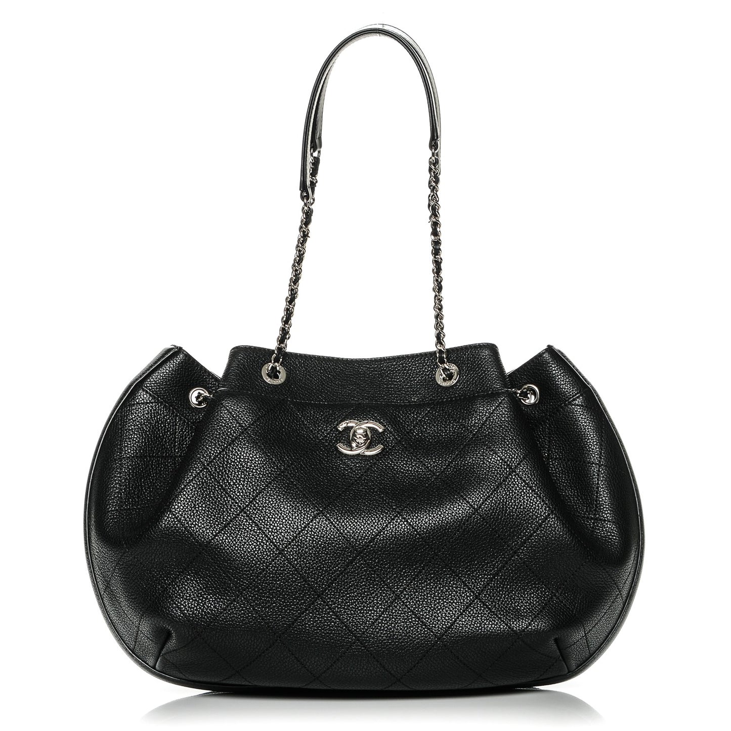 Grained Calfskin Stitched Accordion Shoulder Bag Black
