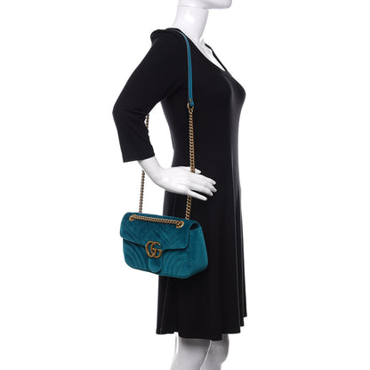 Gucci Velvet Matelasse Small GG Marmont Shoulder Bag Pavone Cyan 3 of 10