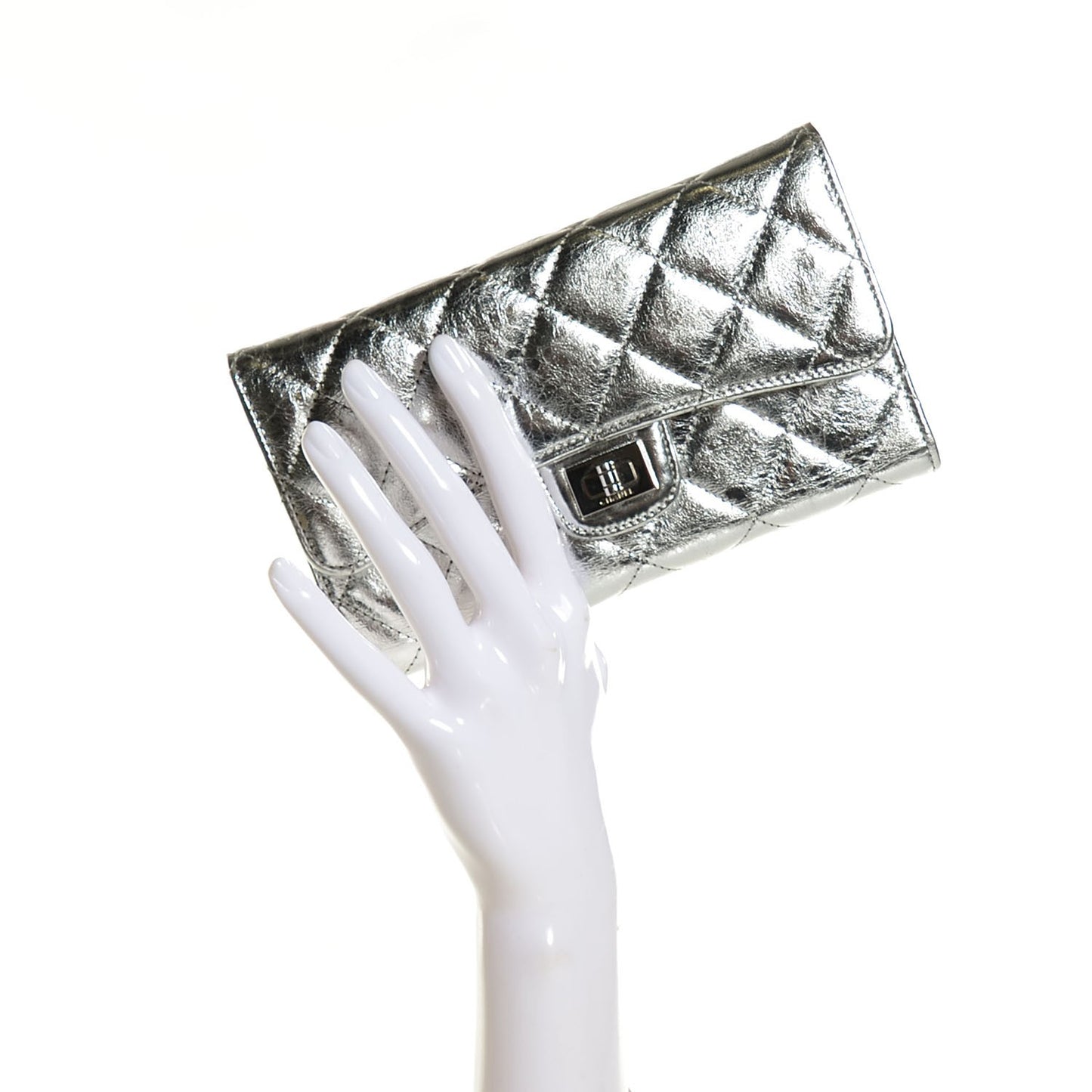 Metallic Calfskin Quilted Large Flap Wallet Silver