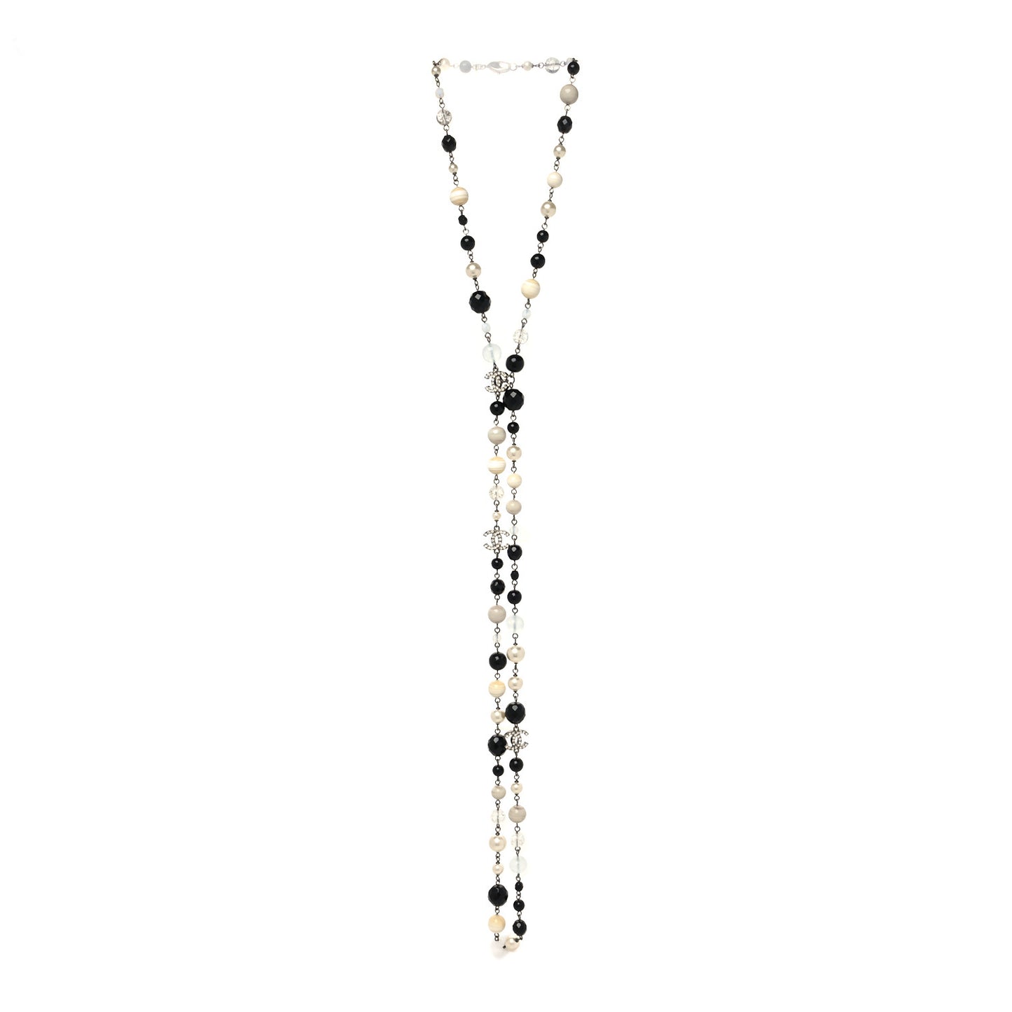 Pearl Beaded Crystal CC Long Necklace Black Silver