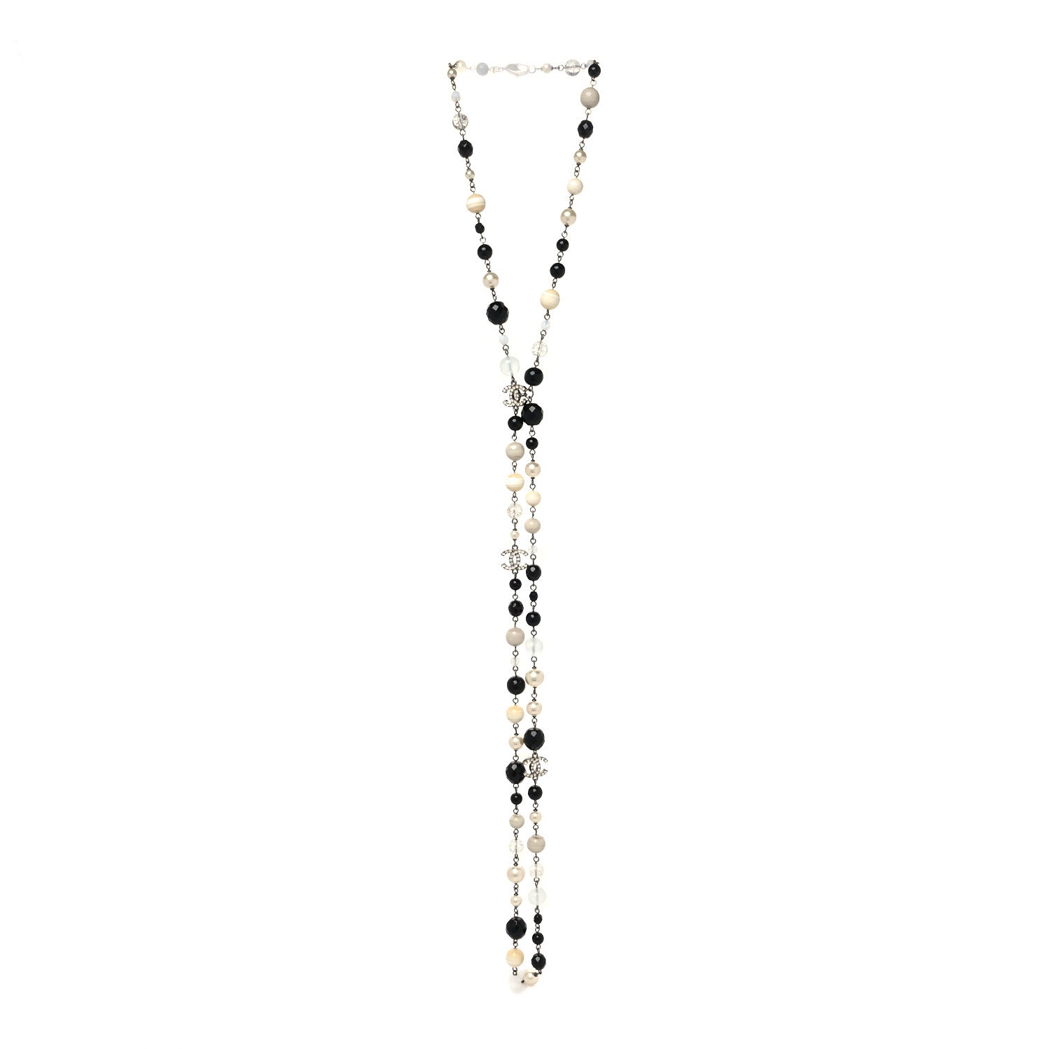 Chanel Pearl Beaded Crystal CC Long Necklace Black Silver 3 of 5