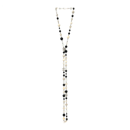 Chanel Pearl Beaded Crystal CC Long Necklace Black Silver 3 of 5