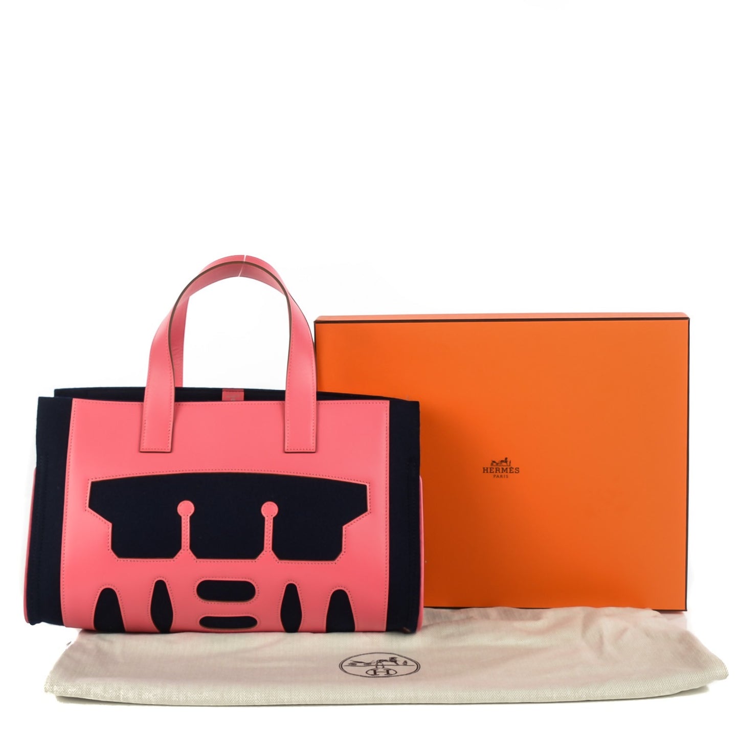 Tadelakt Fleece Petit H Decoupe Skeleton Tote PM Rose Shocking Navy