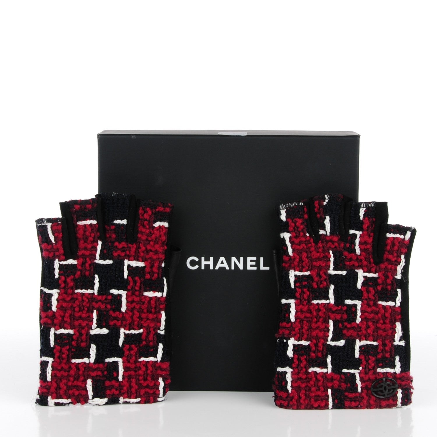 Chanel Tweed Fingerless CC Gloves 7 Red Navy White 3 of 5