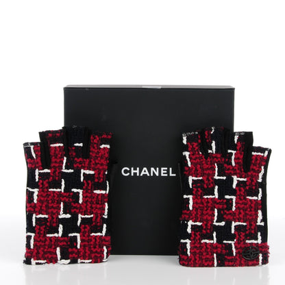 Chanel Tweed Fingerless CC Gloves 7 Red Navy White 3 of 5