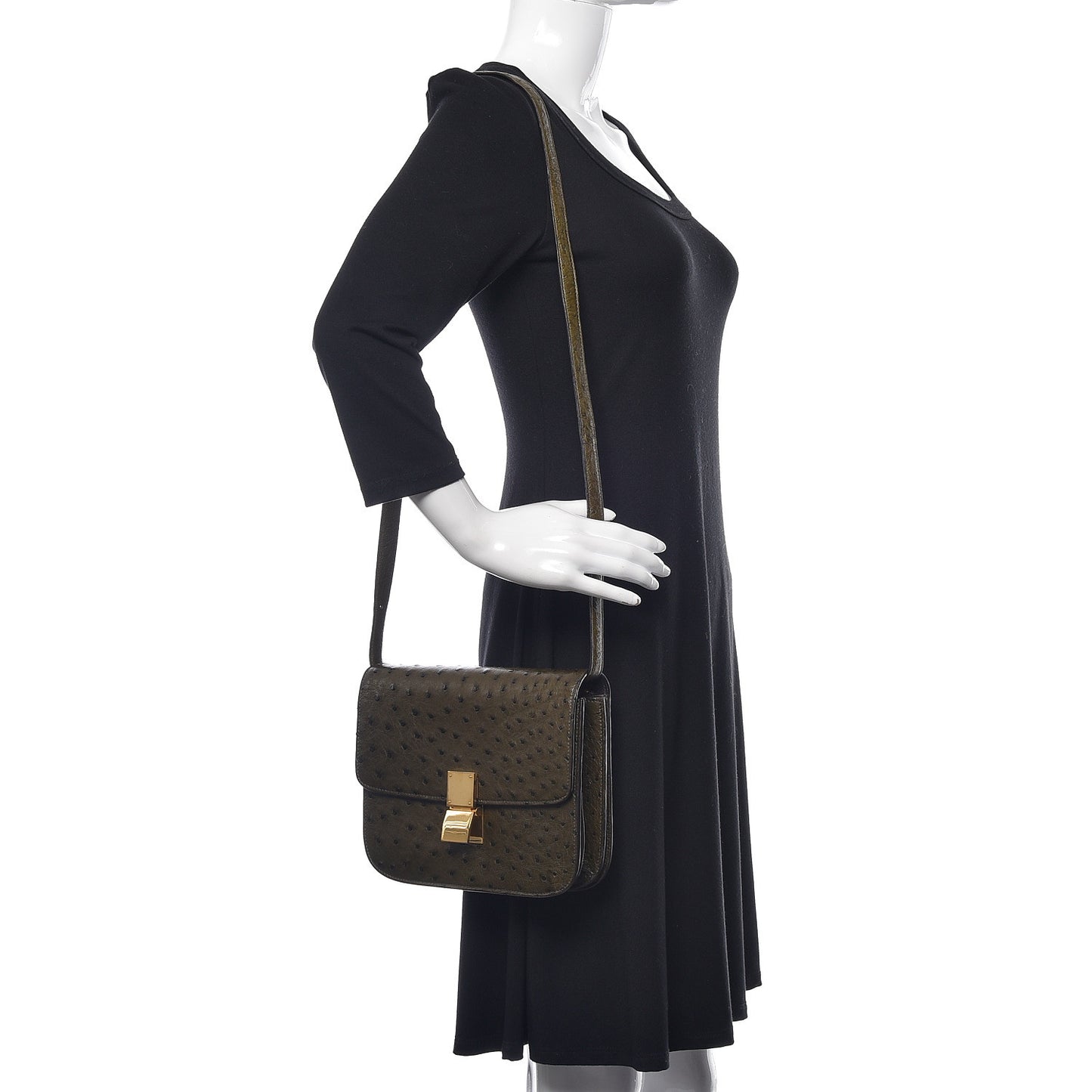 Ostrich Medium Classic Box Flap Bag Khaki
