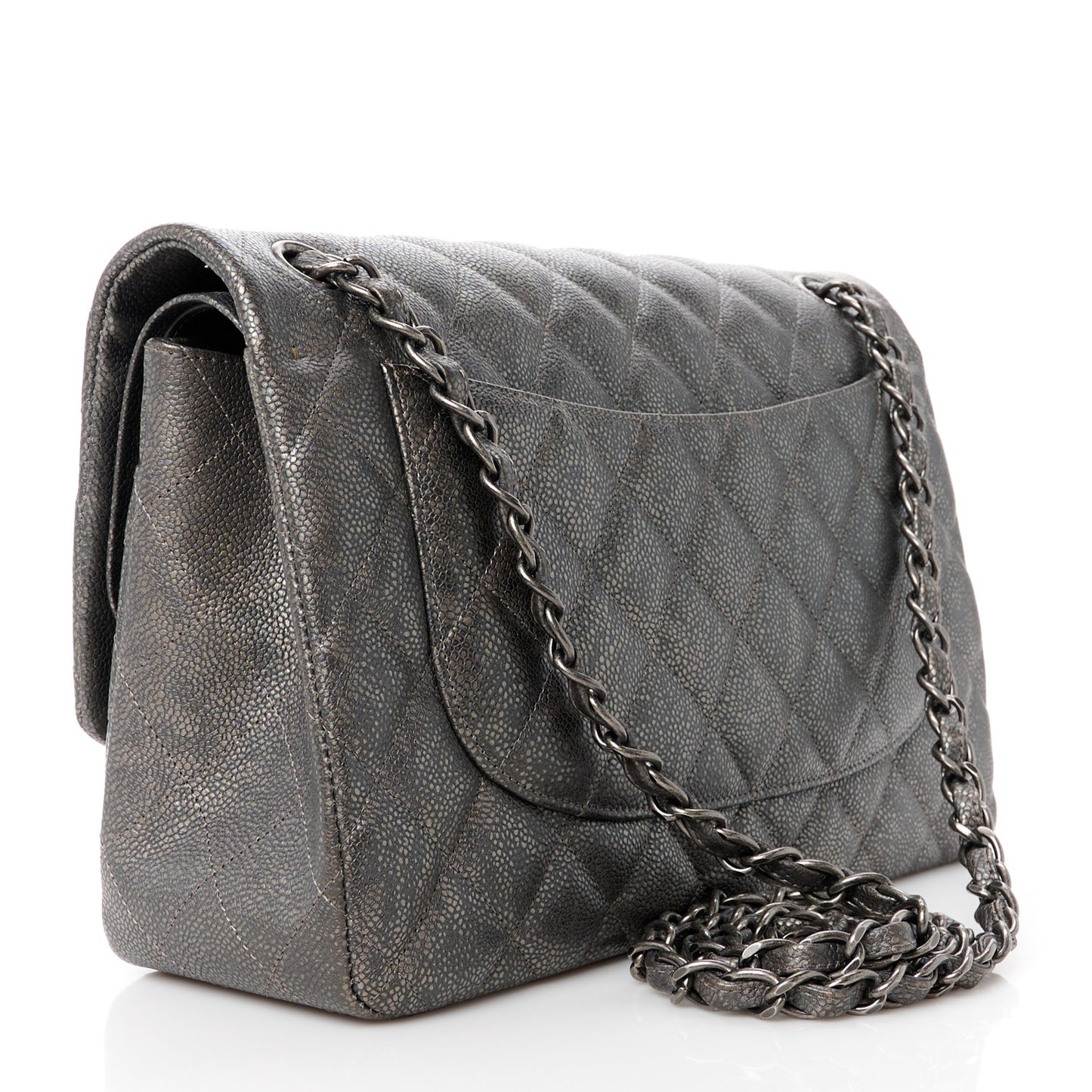 Metallic Caviar Quilted Jumbo Double Flap Dark Silver