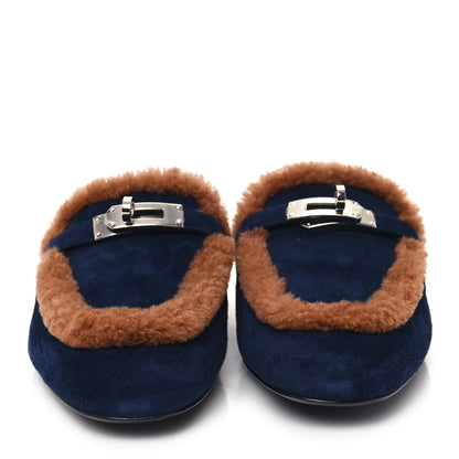 Hermes Suede Goatskin Woolskin Womens Oz Mules 37 Marine Gold 3 of 9